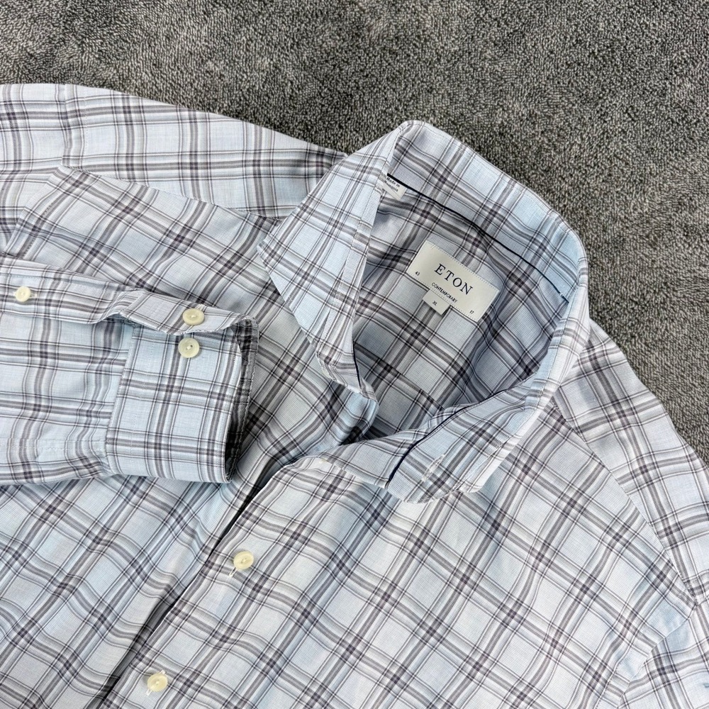 Eton Contemporary Fit Dress Shirt Mens XL 17 Blue Purple Plaid Cotton Button Up
